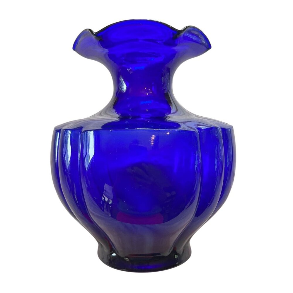 Rare Find Cobalt Blue Glass Vase Fluted (Tulip) Scallop Rim Design 40s Vintage